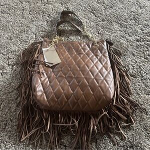 Antik Kraft Quilted Brown Fringe Shoulder Bag new